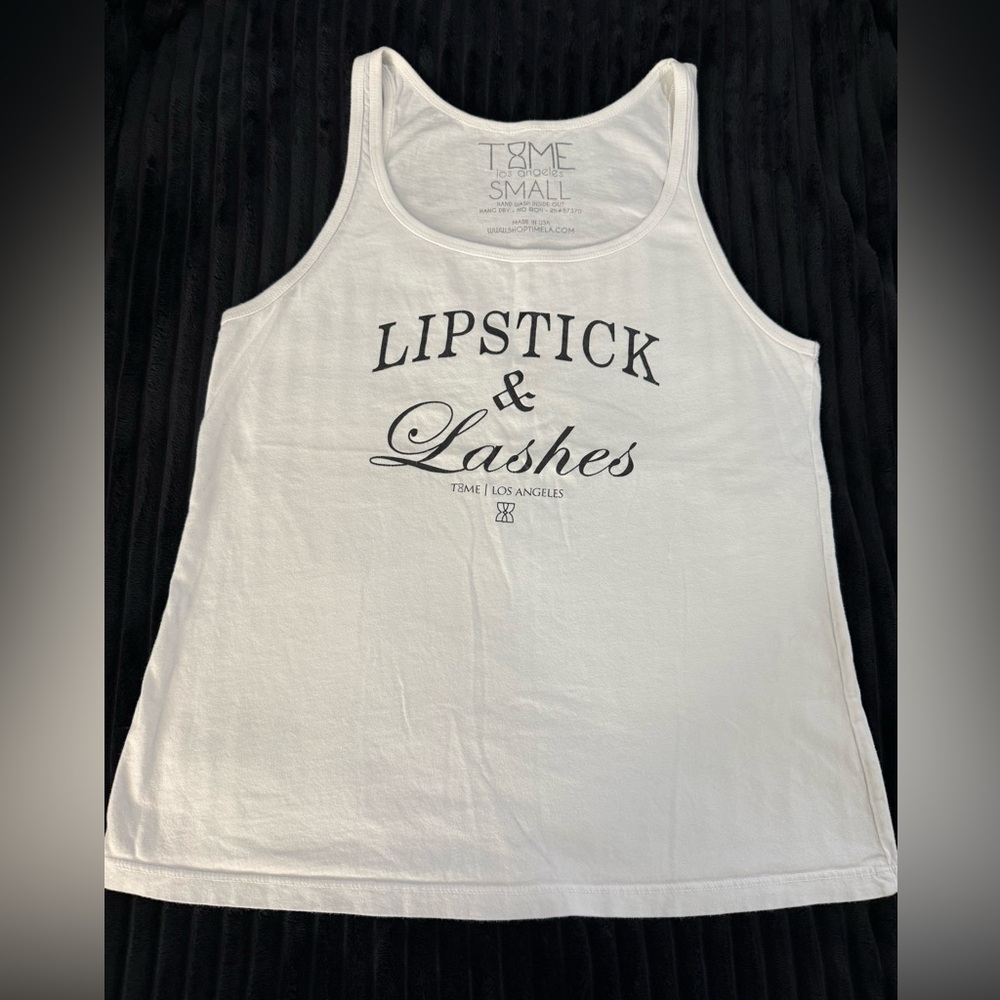 White “Lipstick and Lashes” tank top. Great for makeup artists and makeup lovers